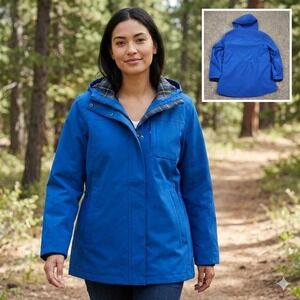 Pendleton Womens Rain Jacket Large Royal Blue Plaid Lined Hooded Waterproof Coat